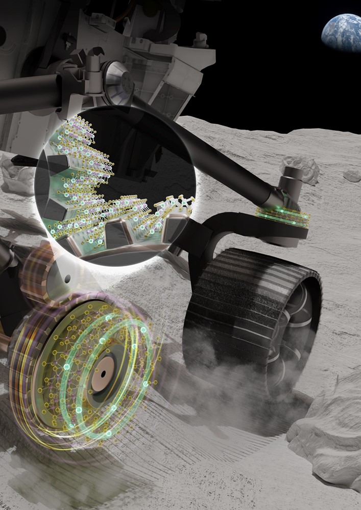 Vue d’artiste du lubrifiant solide pour les mécanismes spatiaux. © Serles et al.