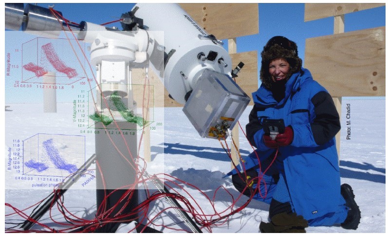 Merieme Chadid à côté du photomètre PAIX, installé dans l'Antarctique © M. Chadid