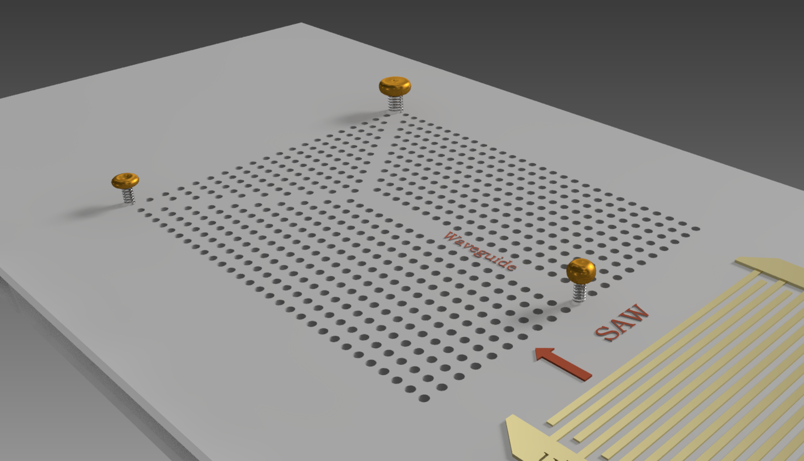 Schéma de principe d'une plateforme tout-électromécanique, fondée sur l'association de concepts issus des ondes élastiques de surface, de la phononique et de la nanomécanique.