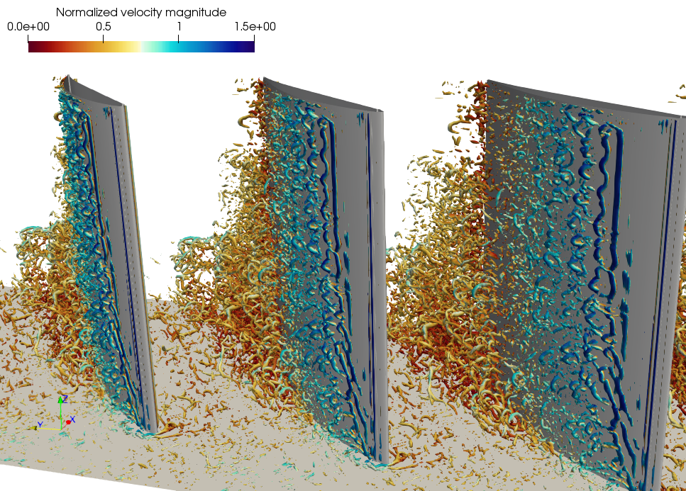 Simulation par méthode Boltzmann sur réseau du décollement aérodynamique dans une grille d'aubes de compresseur. Les structures turbulentes de l'écoulement, ici colorées par la vitesse, se développent autour des aubes et s'accumulent dans la zone de décollement.  © Jérôme Boudet, LMFA (CNRS/École Centrale Lyon/Univ. Claude Bernard Lyon 1/INSA Lyon)