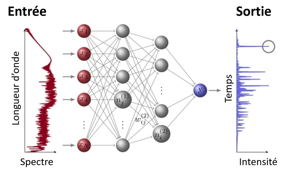 Parmi les applications de l'intelligence artificielle en photonique figure l'utilisation d'un réseau de neurones pour identifier et classer les pics d'intensité temporelle extrêmes issus des dynamiques non linéaires, en se basant uniquement sur des mesures spectrales. © G. Genty