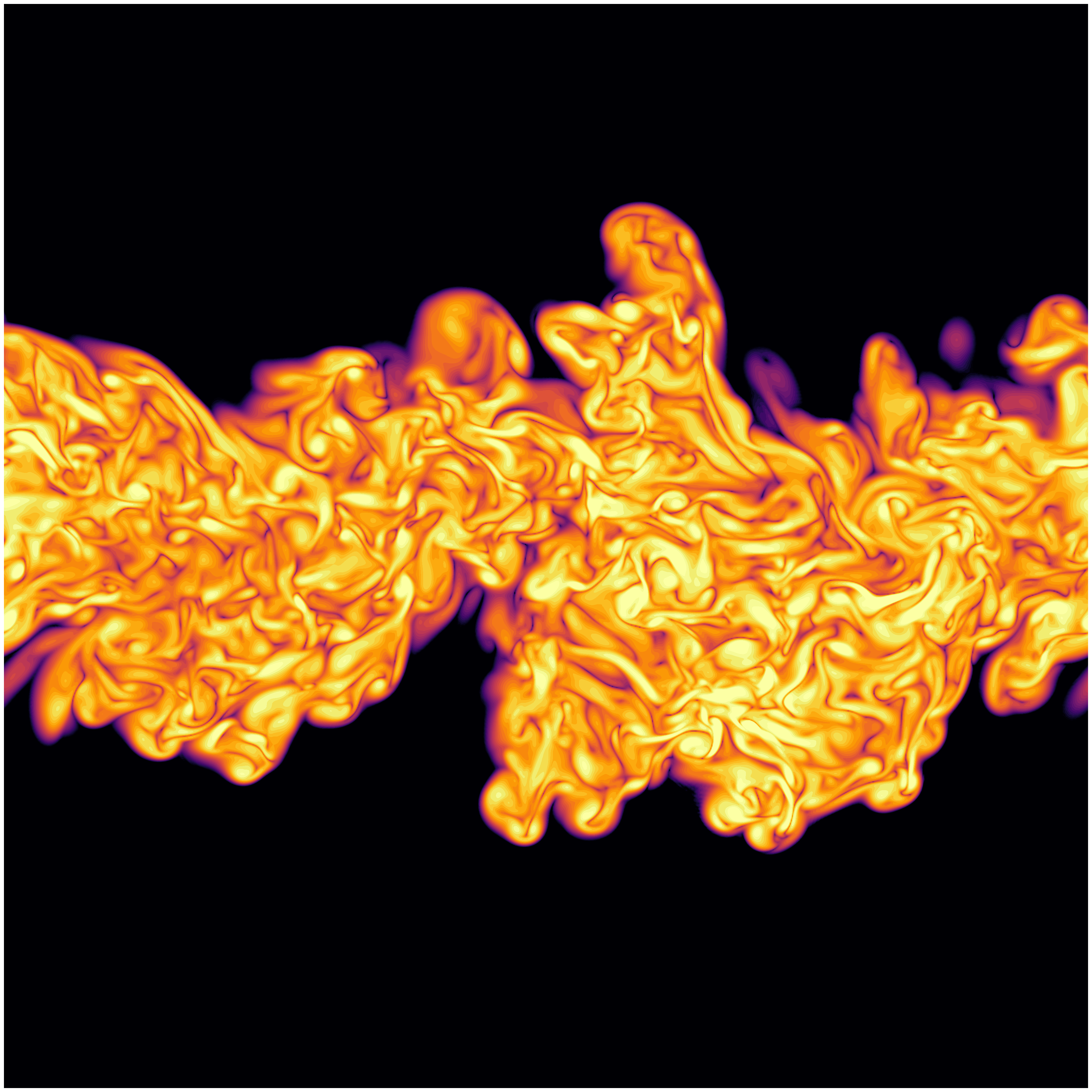 Jet turbulent où l'interface entre la partie turbulente et la partie non-turbulente de l'écoulement est clairement visible. Illustration de Sarp ER (CNRS LMFL) obtenue par simulation numérique directe d'un jet turbulent