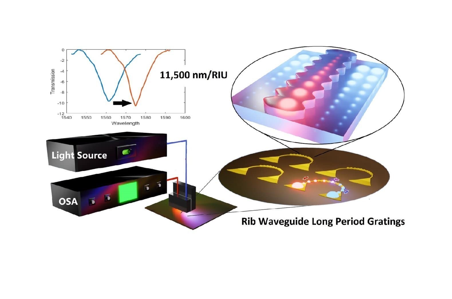 Le dispositif expérimental est constitué d'un réseau de fibres optiques (FiberArray) placé sur des coupleurs de Bragg intégrés (GratingCouplers), qui permet la connexion optique en entrée et en sortie entre la source de lumière (Light Source), le circuit intégré comprenant le LPG (réseau à longue période), et l’analyseur de spectre optique (OSA). C’est en étudiant la transmission spectrale dynamique des LPGs qu’il est possible de déterminer l’indice de réfraction du milieu environnant de la puce et de retrouver des informations sur sa composition. © Images de Photonics Research open access