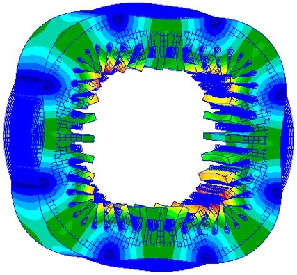 Représentation d’une déformation modale d’ordre 4 d’un stator de machine électrique. © Thèse M. Jaafar Hallal (équipe M2EI du laboratoire ROBERVAL)
