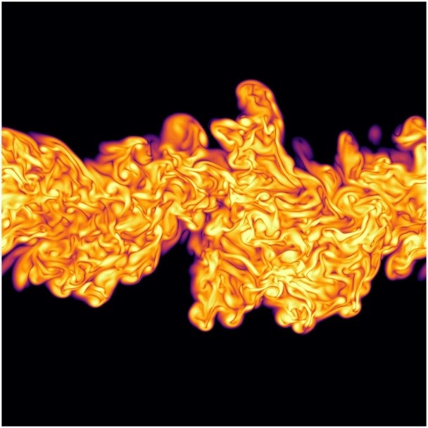 Visualisation d'une simulation numérique haute-fidélité d'un jet, montrant l'interface abrupte entre la partie turbulente (en couleurs) et la partie non-turbulente. © LMFL (CNRS/Arts et Métiers ParisTech/Onera/Centrale Lille)