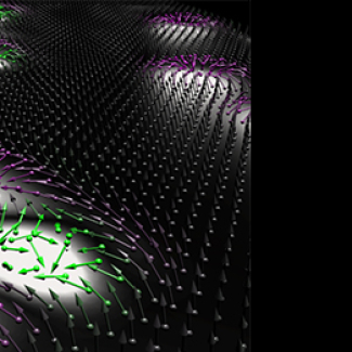 Matière et antimatière dans l’univers magnétique à l’échelle nanométrique: Un gaz de skyrmions (violet) et d’antiskyrmions (vert) généré à partir de la dynamique trochoïdale d’une seule graine d’anti-skyrmion.